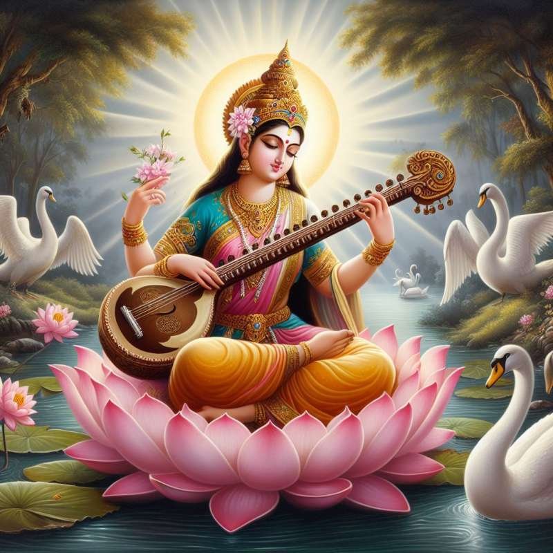 Amazon.com - SANVIKA Goddess Maa Saraswati with her Saraswati veena and  sitting on lotus flower, Goddess of Knowledge and wisdom, Poster Painting  with frame for Religious & Worship